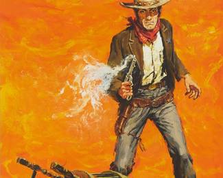 151
Tom Ryan
1922-2011
"The Sheriff from Hell" (Cover art for the novel by Al Cody), circa 1963
Gouache on illustration board
Signed in pencil lower right: Tom Ryan; titled in red ink in the lower portion of the left margin; signed again, verso
Sight: 17" H x 11" W; Illustration board: 20" H x 15" W
Estimate: $800 - $1,200