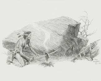 161
Tom Lovell
1909-1997
"Toasted Buffalo," 1995
Charcoal on paper
Signed lower right: Tom Lovell / © 1995; signed and dated again, and titled in ink on the frame's backing board; signed again and inscribed in ink on a label affixed to the frame's backing board
Sight: 11.5" H x 17.5" W
Estimate: $800 - $1,200