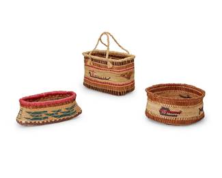 234
Three Northwest Coast polychrome baskets
Mid-20th century
The variously woven baskets, each depicting whales, sea-faring birds, and fishing boats, comprising one rectangular basket with two soft handles, one Makah basket with a circular rim and square bottom, and another basket with oval rim and rectangular bottom
3 pieces
Largest: 6.75" H x 9.75" W x 5.75" D; Smallest: 4" H x 10.25" W x 5.25" D
Estimate: $150 - $200