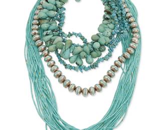 294
A group of Southwest silver and turquoise necklaces
Late 20th century
Silver necklace etched to tag: MW (likely made by Martha Wilson, Navajo/Diné with inlay done by Rosemary White)
Five works comprising a chunky silver bead necklace with turquoise inlay to the hip of each bead, a chunky turquoise choker necklace with teardrop carved rounded tabs, a three-strand necklace with small turquoise nuggets, and two ten-strand fine turquoise heishi necklaces, 5 pieces
Largest: 30" L; smallest: 16.25" L
451.2 grams gross
Estimate: $700 - $900