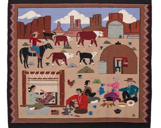 208
Jane Hayden (20th century, Diné)
A Navajo pictorial textile, late 20th/early 21st century
Signed in the weaving: JH
Woven in multicolor wool, depicting a loom and weaver, a jewelry maker, cattle, and a domicile within a landscape
40.5" H x 43.5" W
Estimate: $300 - $500