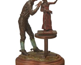 119
Bill Nebeker
b. 1942
"A Portrait of the Past," 1999
Patinated and verdigris bronze on wood plinth
Edition: 2/30
Signed, dated, and numbered in the casting: © Bill Nebeker; attributed and titled to metal plaque applied to plinth
Bronze: 10.25" H x 6" W x 4.25" D; Overall: 11.75" H x 7.5" W x 5.5" D
Estimate: $800 - $1,200