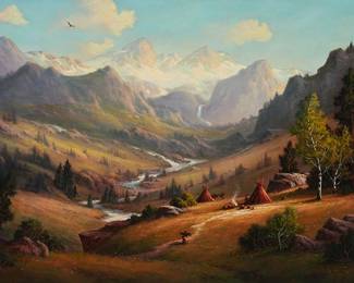 96
Heinie Hartwig
b. 1937
"Indians of the Sierra (Big Pine Canyon)"
Oil on Masonite
With the incised signature lower left: Heinie Hartwig; titled verso
30" H x 45" W
Estimate: $5,000 - $7,000