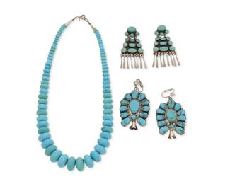 293
A group of Southwest-style silver and turquoise jewelry
Late 20th century
Variously marked for maker and for sterling
Comprising a rounded graduated turquoise stone bead necklace with sterling cone clasp, as well as a pair of Federico Jimenez (b. 1941, Mixtec) sterling silver and turquoise cluster-set articulated earrings with silver dangles, and a pair of sterling silver and cluster set turquoise blossom-style earrings, 5 pieces
Necklace: 18.5" L; earrings: 2.25" H and 2.5" H
120.6 grams gross
Estimate: $500 - $700