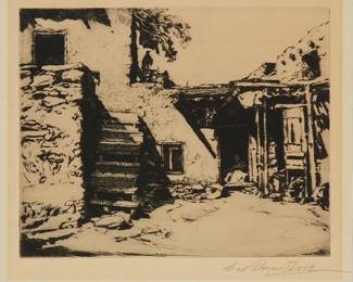 159
Carl Oscar Borg
1879-1947
"Chief's House, Moencopie [sic], Ariz," circa 1916-1932
Etching and drypoint on cream-colored paper
Signed, titled, and inscribed "rare" in pencil in the lower margin: Carl Oscar Borg
Plate: 7.875" H x 9.75" W; Sight: 10" H x 11.25" W
Estimate: $600 - $800