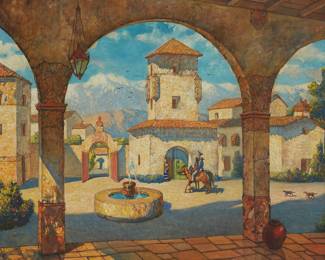 76
Hernando Gonzallo Villa
1881-1952
Courtyard scene, 1941
Oil on canvas
Signed and dated lower right: Hernando Villa / 11-41
25" H x 30" W
Estimate: $2,000 - $3,000