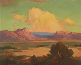 103
Henry Leopold Richter
1870-1960
"Desert Clouds"
Oil on canvas
Signed lower left: Henry L. Richter; signed again and inscribed with the artist's Long Beach, CA address on the stretcher bar; titled on a label affixed to the stretcher bar
20" H x 24" W
Estimate: $800 - $1,200