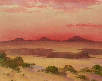 189
Willard Page
1885-1958
"Volcanoes - Near Albuquerque, N. Mex."
Oil on paper board
Signed with initials lower right: WP; titled in the artist's wife's hand in pencil on the frame's backing board; the artist's ink stamp in the lower right corner of the frame's backing board
Sight: 4.5" H x 6.5" W
Estimate: $300 - $500