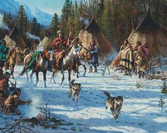 54
Don Oelze
b. 1965
"Hunters Return"
Oil on canvas
Signed lower right: Oelze; titled on the frame plaque
36" H x 60" W
Estimate: $25,000 - $35,000
