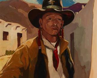 36
George Spangenberg
1907-1964
"Medicine Man, Many Feathers"
Oil on board
Signed lower right: G. Spangenberg; signed again and titled on an old piece of brown paper taped to the verso of the frame
23.75" H x 19.75" W
Estimate: $1,000 - $1,500