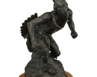 51
Allan Houser
1914-1994, Chiricahua Apache
"Plains War Dance," 1989
Patinated bronze on wood plinth
Edition: 12/15
Signed, dated, and numbered in the casting: Allan Houser / © 89; stamped: AHI
Overall: 13" H x 7.5" W x 7.5" D
Estimate: $4,000 - $6,000