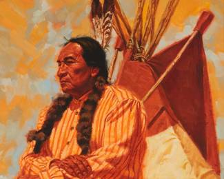 63
Robert Tanenbaum
b. 1936
"Red Elk"
Oil on linen
Signed lower right: R. Tanenbaum ©; titled in ink on the upper portion of the stretcher
18" H x 24" W
Estimate: $500 - $700