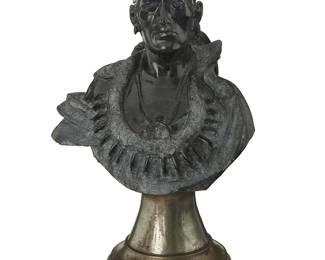 29
Fritz White
1930-2010
Portrait bust, 1993
Carved stone on silvered copper base
Edition: 1/1
With incised signature, date, and edition: Fritz White / CA
Overall: 17.5" H x 9.75" W x 6.25" D
Estimate: $800 - $1,200