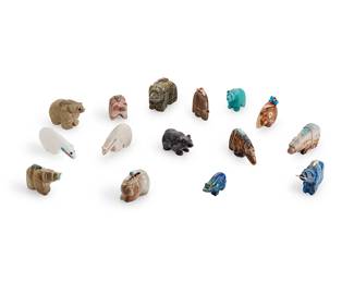 288
A group of Zuni carved stone bear fetish figures
Mid/late 20th century
A few variously signed by the artist: Nieto / Lasiloo / NM
Comprising fifteen bear figures, most with turquoise or coral inlaid features, three with inlaid heartlines, and nine mounted with offerings
15 pieces
Largest: 2" H x 3" W x 1.125" D; Smallest: 1.25" H x 2" W x 0.5" D
Estimate: $200 - $400