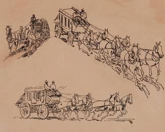 158
Edward Borein
1872-1945
Stagecoach sketches
India ink on paper laid to board
Unsigned
Sheet: 10" H x 12.125" W; Paperboard: 10.5" H x 12.625" W
Estimate: $400 - $600