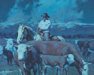 178
Antonio Di Donato
20th/21st century
Nocturnal cowboy and cattle
Oil on canvas laid to panel
Signed lower right: Di Donato
24" H x 18" W
Estimate: $1,000 - $2,000