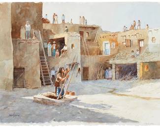 5
David Allen Halbach
1931-2022
"Placing the Nachi," 1995
Watercolor and traces of graphite on thick wove paper
Signed, dated, and inscribed lower left: David Halbach / © '95 / CA
Image/Sheet: 19" H x 25.375" W
Estimate: $3,000 - $5,000