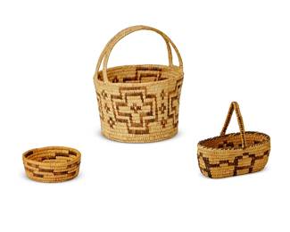 226
Three Papago baskets
Mid-20th century; Tohono O'odham; Arizona
The basketry vessels, comprising one dual handled with crosses motif, another single handled basket with a geometric figural pattern, and a low bowl with stepped motif
3 pieces
Largest: 10.75" H x 8.25" Dia.; Smallest: 2" H x 5" Dia.
Estimate: $100 - $150