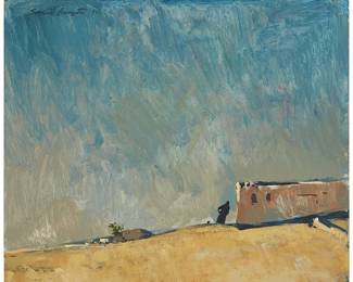 126
Sergei Bongart
1918-1985
Adobe desert-scape, 1976
Oil on board
Signed and dated upper left: Sergei Bongart 1976
20" H x 24" W
Estimate: $600 - $800