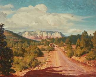 102
George Rozen
1895-1973
Wagon on a road through a desert landscape
Oil on canvas
Signed lower right: G. Rozen
24" H x 30" W
Estimate: $1,000 - $1,500