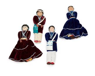 285
Two pairs of Navajo dolls
Mid-20th century
Each pair with a male and matching female, constructed with fabric pants and undergarments below velvet shirts and dresses, adorned with beaded jewelry and mounted cotton hair
4 pieces
Each female: 13" H x 7.5" W x 2.75" D approx.; Each male: 13.25" H x 4.75" W x 2.25" D
Estimate: $200 - $300