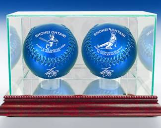 Shohei Ohtani MLB Record 5050 Season two ball set. These fullsize baseballs are hand painted in Dodgers Blue using a highgloss paint. The balls are then laser engraved with acknowledgme