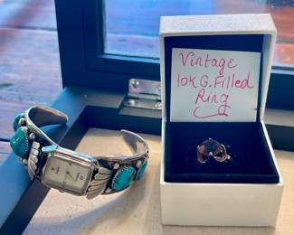 NAVAJO STERLING AND TURQUOISE CUFF WATCH, VINTAGE 10K GOLD FILLED RING