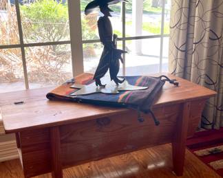 METAL CUTOUT COWBOY, HANDMADE RUSTIC WOOD STORAGE BENCH, SOUTHWEST TABLE RUNNER