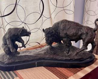 BRONZE BUFFALO AND BEAR SCULPTURE BY BARYE