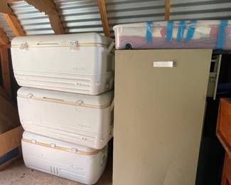 LARGE IGLOO ICE CHESTS, FILE CABINETS