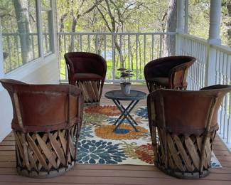 VINTAGE MEXICAN EQUIPALE LEATHER CHAIRS (4), PATIO RUG, WOODARD WROUGHT IRON TABLE