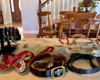 CONCHO BELT, COSTUME JEWELRY, INLAID TURQUOISE EAGLE BRASS BELT BUCKLE