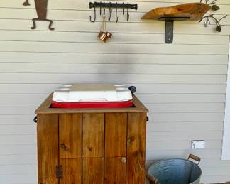 WOOD ROLLING COOLER, SOUTHWEST IRON DECOR, WOOD SHELF
