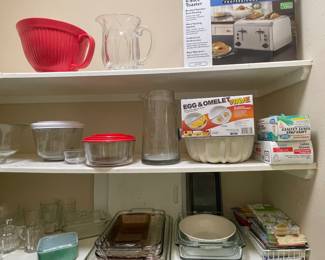 TOASTER, PYREX BAKING PANS, STORAGE