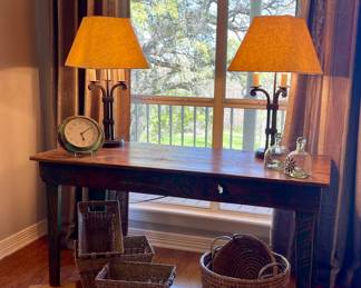 FARMHOUSE TABLE, BASKETS, WROUGHT IRON LAMPS