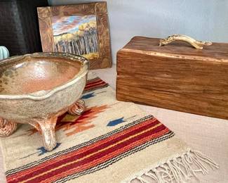 HANDMADE POTTERY FOOTED BOWL, HANDMADE BOX WITH ANTLER HANDLE