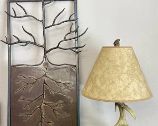 WROUGHT IRON TREE WALL ART, FAUX ANTLER LAMP