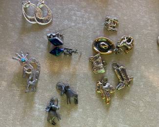 STERLING KOKOPELLI BROOCH, WESTERN MOTIF DANGLES