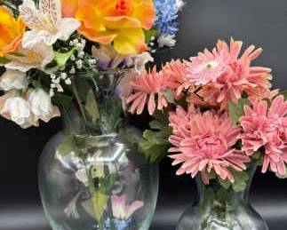 (2) Clear Glass Vases With Faux Florals
