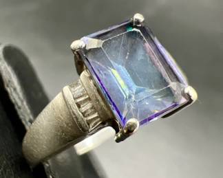 Sparkling Emerald Cut Sterling Silver Ring with Diamond Accents
