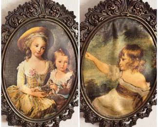 (2) Ornate Metal Oval Framed Fabric Images
