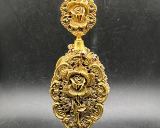 Vintage Ormolu Perfume Gold Gilt Filigree Pierced Footed Bottle
