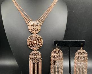 Fancy Filigree Fringe Medallion Necklace & Earrings Jewelry Set
