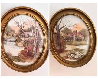 (2) Oval Framed House From Afar Prints
