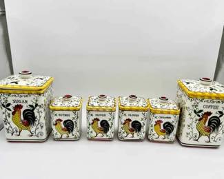(6) Early Provincial Underglaze Hand Painted Kitchen Canisters
