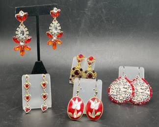 (5) Pairs of Red Lovers Earrings including Cloisonné
