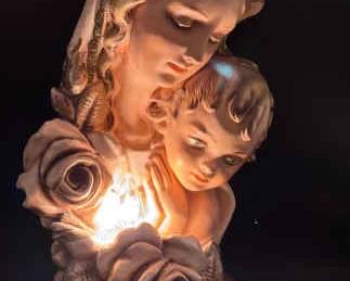 Large Vintage Hand Painted Chalkware High Relief Madonna & Child Lamp
