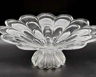 VTG Bohemian Glass ART DECO FROSTED & CLEAR PEDESTAL SCALLOPED BOWL~CENTERPIECE
