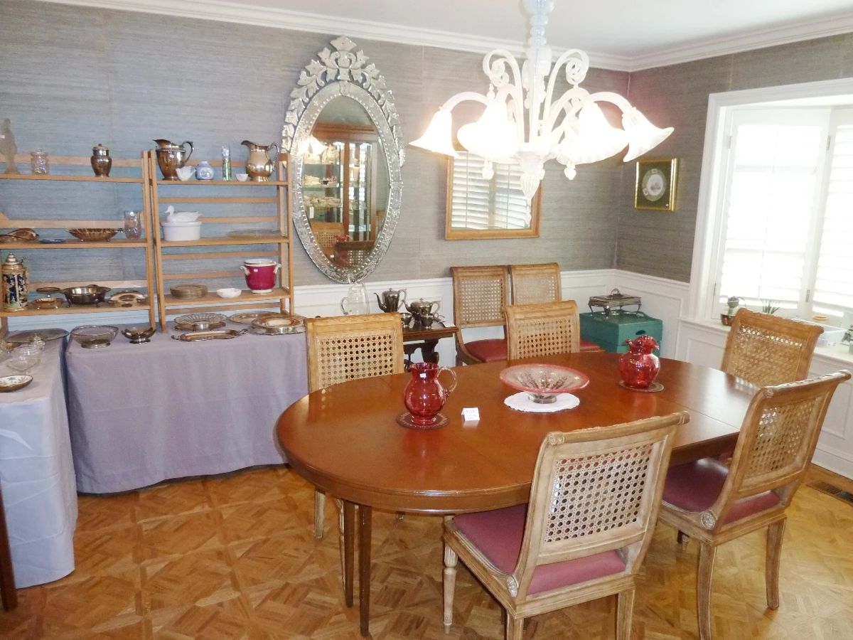Venetian Mirror $450; Dining Table $300; Set 8 Chairs $800