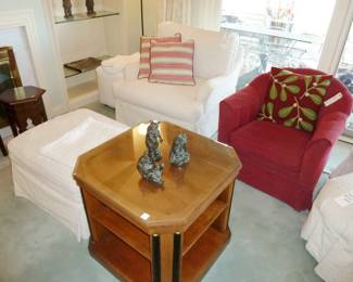 White Chair with Ottoman $150; Red Chair $90; End Table $120